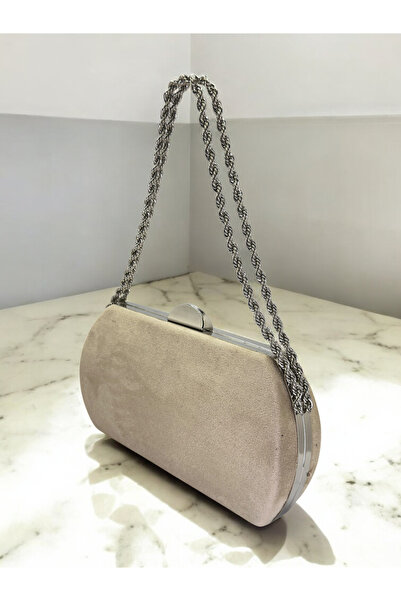 Biçanta Beige Luxury Suede Crystal Stone Metal Handle Chain Women's Evening D...