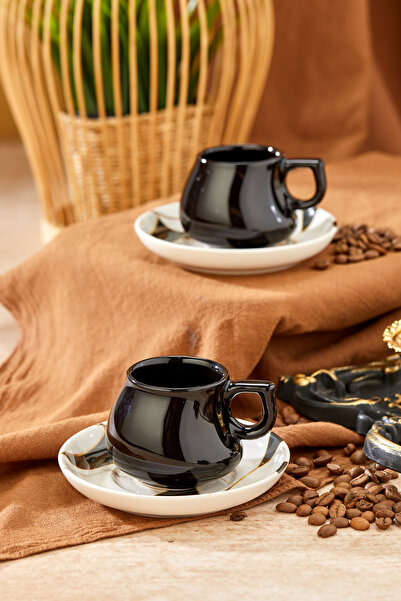 ers erbaşlar Mosaic Marble Patterned Luxury Black 2-Person Coffee Cup Set