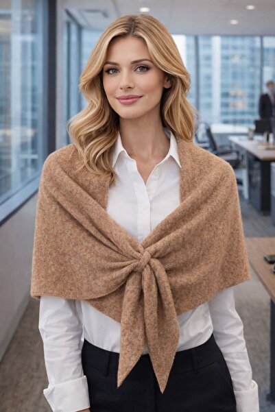 HAZAL KAYA ATELIER Camel Knitwear Triangle Inner-Shoulder Women's Shawl 120X1...
