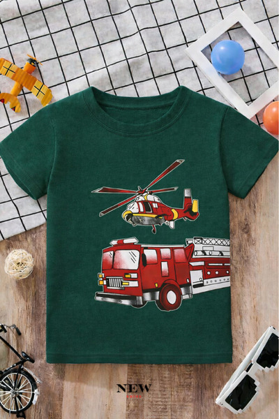 New Shine تي شيرت للأطفال مطبوع عليه شاحنة إطفاء للجنسين