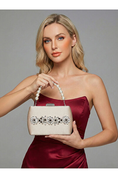 Biçanta Beige Luxury Suede Crystal Stone Metal Handle Chain Women's Evening D...