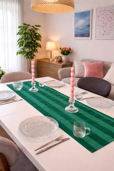 BMK BETTER TOGETHER Yeşil Çizgili Runner Masa Örtüsü / Şık Sofra Dekoru/ Dave...