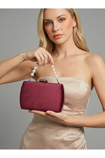 Biçanta Burgundy Luxury Suede Crystal Stone Metal Handle Chain Women's Evenin...