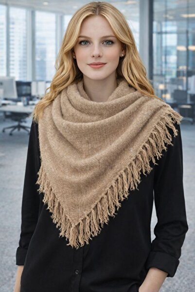 HAZAL KAYA ATELIER Beige Tasseled Viscose Fabric Triangle Women's Shawl 80X18...
