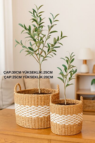 DECHAUS İkili Set Doğal Hasır Beyaz Desenli Silindir Kulplu El Örmesi Saksılık