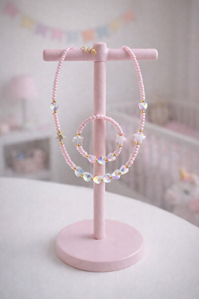 Moonbelle Kız Çocuk Kalpli Boncuk Kolye Bileklik Seti| Doğum Günü Hediyelik Takı