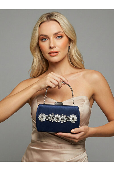 Biçanta Navy Blue Luxury Suede Crystal Stone Metal Handle Chain Women's Eveni...