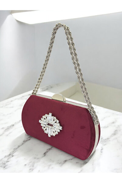 Biçanta Burgundy Luxury Suede Crystal Stone Metal Handle Chain Women's Evenin...