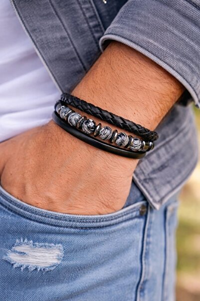 Liacharm Oniks Taşlı Örgü Detay 3'lü Deri Erkek Bileklik