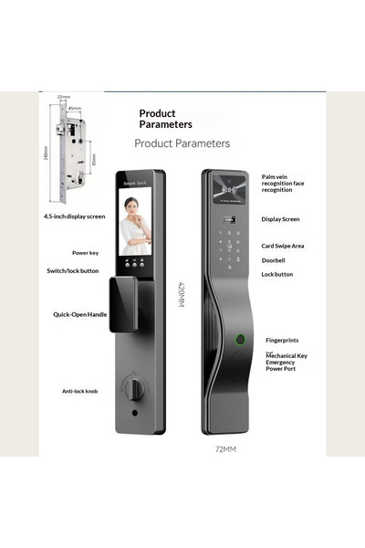 satrendy Smart Door Lock 8-in-1 3D Face + Palm Vein + Fingerprint HD Screen S...