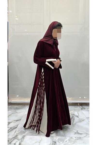 DOUBLE1WAN عباية الاء كلوش بقماش مخمل الون الكرزي