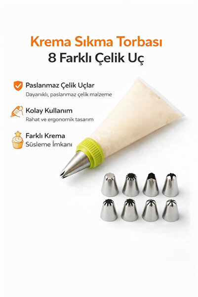 HGROUP Krema Sıkma Torbası - 8 Farklı Paslanmaz Çelik Uçlu Pasta Cupcake Prat...