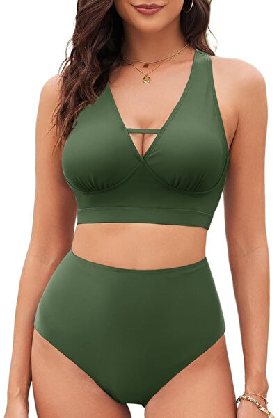 TUOPUDA Women's 2-piece swimsuit, high waist, tummy control, green L