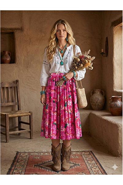 Namaste Vintage Pink Color Pleated Midi Skirt with Elastic Waistband