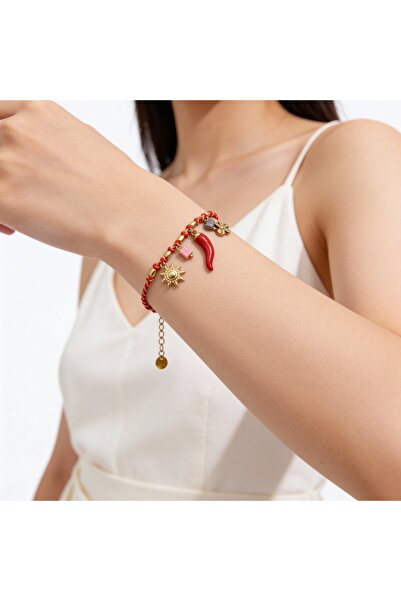 PinaCity Çelik Biber,Güneş,Çiçek Figürlü,Kırmızı İpli Charm Bileklik