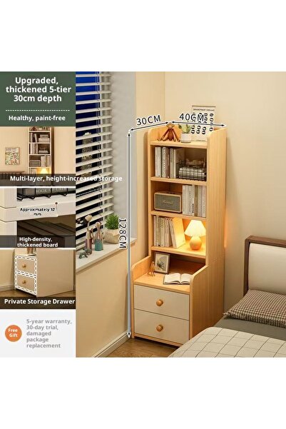 satrendy Modern Bedside Table with 5-Tier Bookshelf Nightstand with Drawers f...