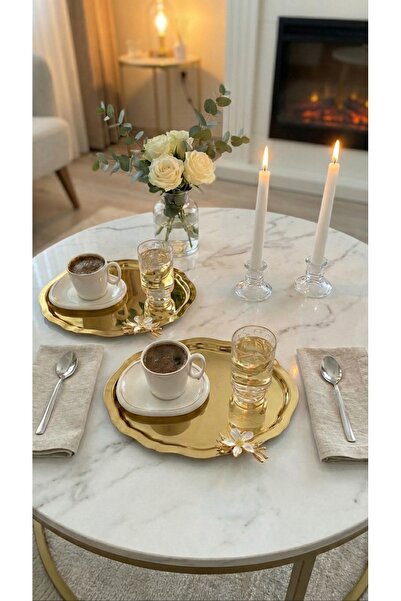FABRIONA TEK TARAFLI GOLD 2’lı Paslanmaz Çelik Oval Mini Papatyalı Çay Kahve Sunum Söz Nişan Tepsisi 20x25 cm