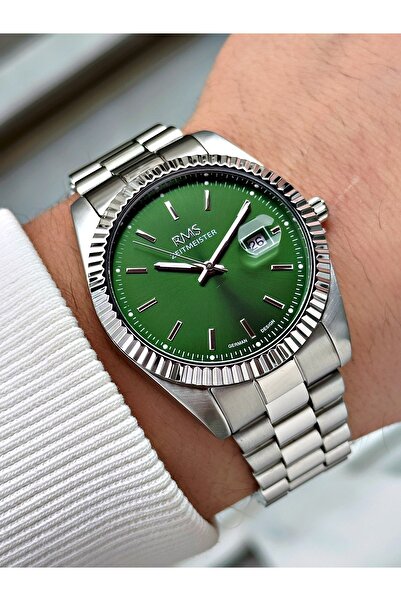 Romanson Silver-Green Color Steel Band Steel Case Men's Wristwatch with Calen...
