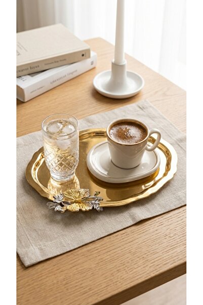 FABRIONA TEK TARAFLI GOLD 2’lı Paslanmaz Çelik Oval Kelebek Aksesuarlı Çay Kahve Sunum Söz Tepsisi 20x25 cm