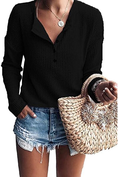 WNEEDU Women's loose blouse, breathable sweater, V-neck with buttons, black M