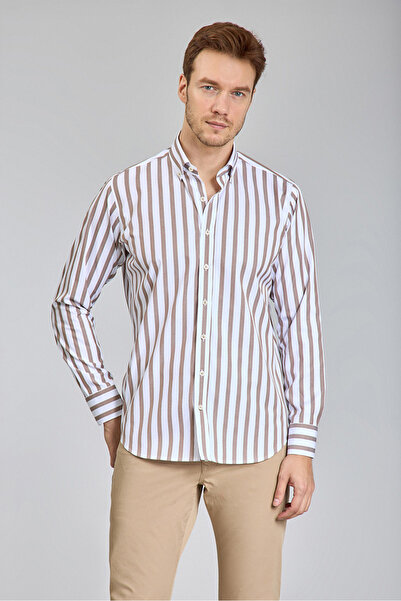 Bisse Regular Fit Long Sleeve Brown Cotton Men's Shirt