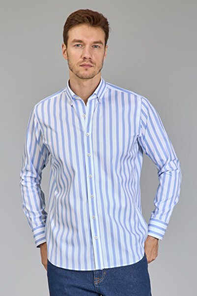Bisse Regular Fit Long Sleeve Blue Cotton Men's Shirt