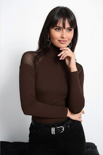Cool & Sexy Kadın Kahve Omuzları Tül Bluz TZ2075