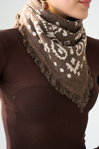 LOOSH Kadın Kahve Şal Desenli Püsküllü Bandana Şal