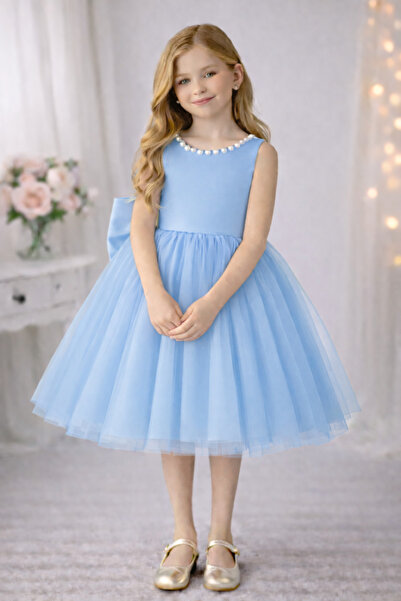 SUNEH Menekşe Model Yaka İncili Kız Çocuk Elbise Saten Üst, Kabarık Hayal Tül...