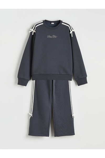 LC Waikiki Lcw Kids Anthracite Crew Neck Sweatshirt and Sweatpants with Bow D...