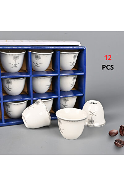 Generic طقم فناجيل قهوة سيراميك 12 حبة نقش سيفين ونخلة لون فضي