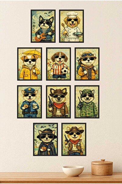 UNT Cute Dogs 10-Piece Frame-Looking Decorative Cat Painting Set – Modern & B...