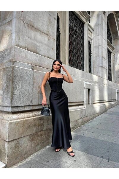 Mynoa Şık parlak Saten Kemeri Lastikli 94cm Kloş Maxi Boy Etek