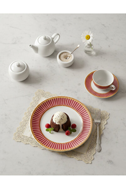 Porcelland Lune 21 cm Tatlı Tabağı | Kırmızı, Pembe ve Gold Desenli Porselen