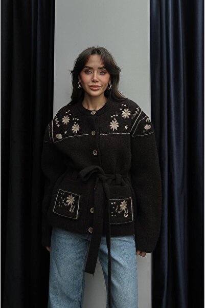 Havoş Bitter Brown Embroidered Floral Belted Cardigan