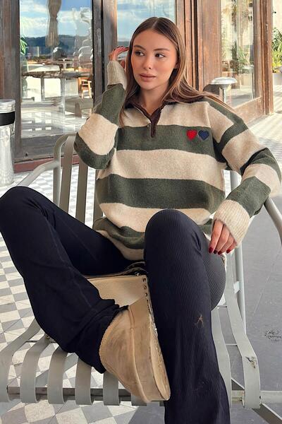 Swist Khaki Polo Collar Paneled Thick Striped Heart Embroidered Women's Knitw...