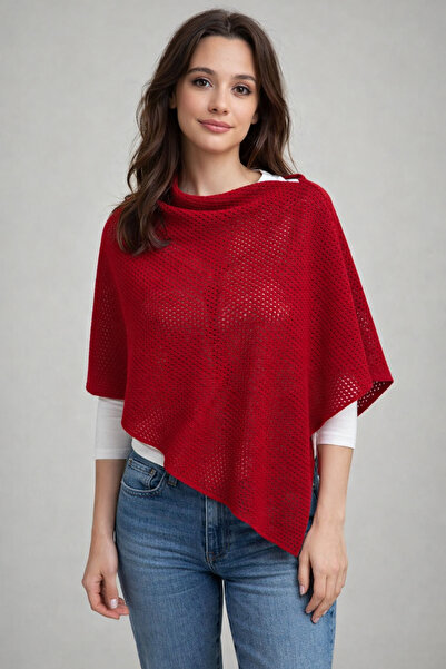 Sebir Moda Lace-Like Knit Asymmetrical Cut Knitwear Acrylic Poncho
