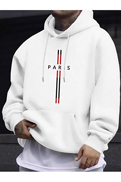 DİVİN Men's Cotton Pocket Hooded Paris Printed Oversize Sweatshirt