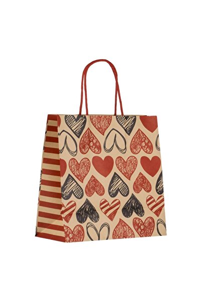 OEM Καφέ Τσάντα δώρου Kraft Κόκκινες καρδιές 21x10x21.5cm