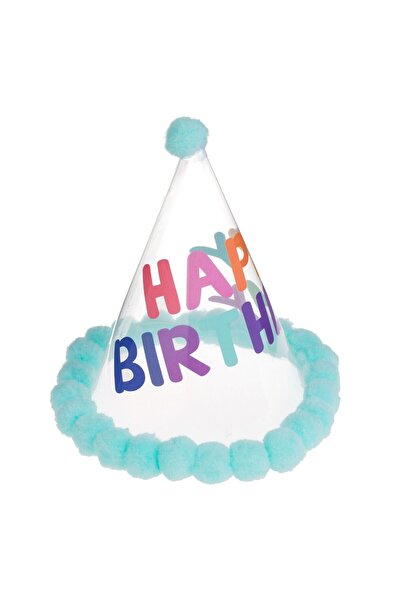 OEM Transparent Plastic Party Hat with Blue & Colorful "Happy Birthday" Pom P...
