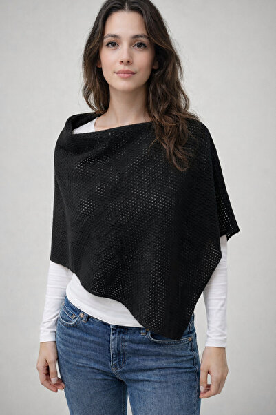Sebir Moda Lace-Like Knit Asymmetrical Cut Knitwear Acrylic Poncho