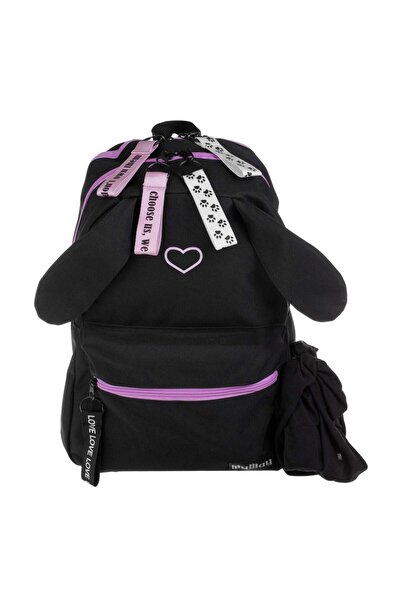 OEM Ghiozdan Negru cu Urechi de Iepure Inima Lila 5 Breloc & Bandana Neagra -...