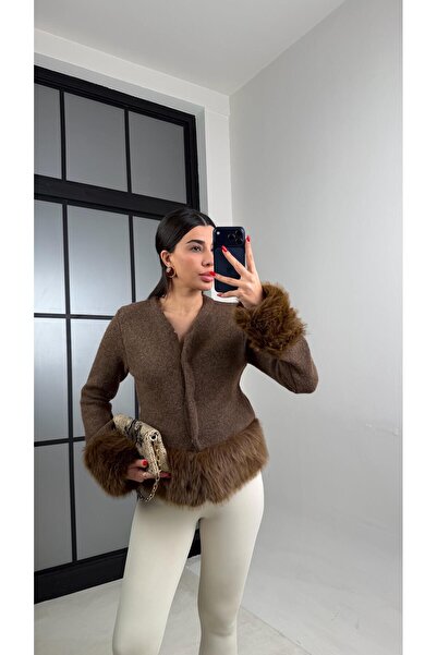 Gaus Kahve Kürk Detaylı Çıtçıt Düğmeli Hırka GAUS-01040