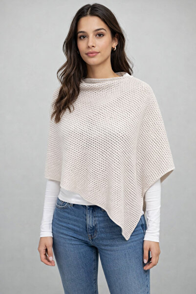Sebir Moda Lace-Like Knit Asymmetrical Cut Knitwear Acrylic Poncho