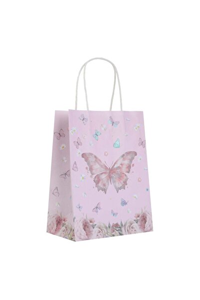 OEM Sacosa Cadou din Hartie Kraft Roz cu Model Fluture & Glitter 18x10x23cm