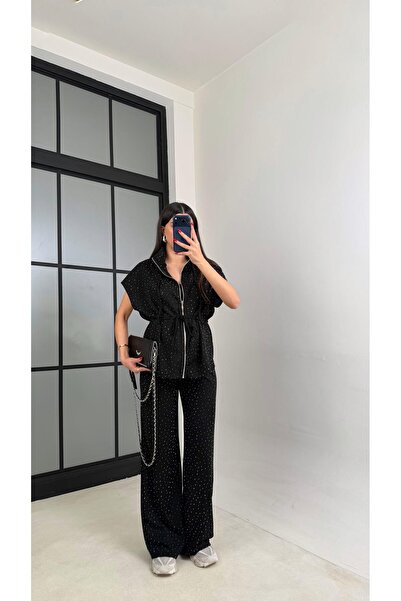 Gaus Siyah Beli Lastikli Hırka Pantolon Taşlı Modal Takım GAUS-01064