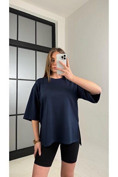 Gaus Lacivert Basic Yırtmaç Detaylı Modal Tshirt GAUS-01060