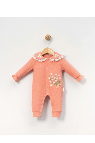 Baby %100 Pamuk Kız Bebek Çıtır Çiçek Nakışlı Bebe Yaka Tulum Bayramlık