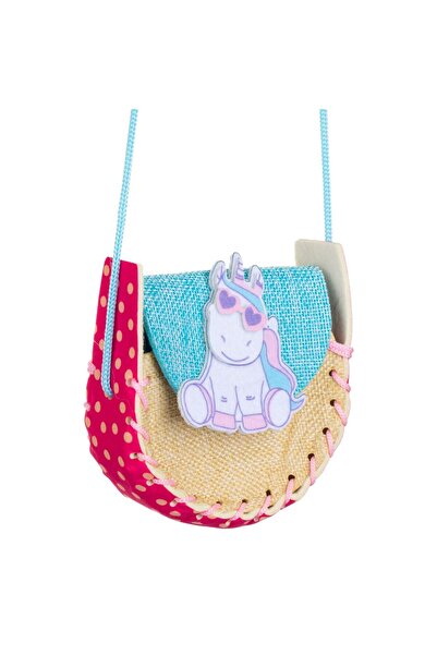 OEM Beige Fuchsia Straw Bag with Polka Dots Ciel Unicorn & Glasses 11x5x11cm