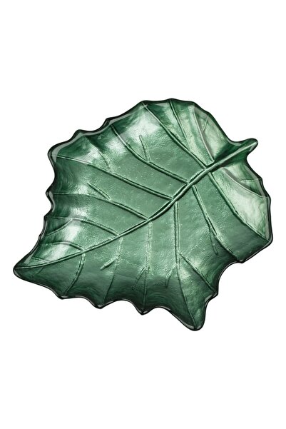 OEM Platou Decorativ din Sticla Verde in Forma de Frunza 26x22x3cm